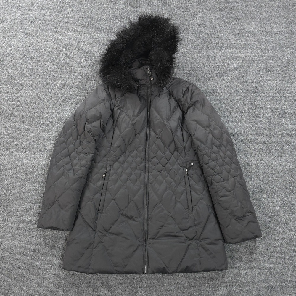 Eddie Bauer Jacket Womens XS Black Quilted Down Hooded Faux Fur Parka Coat